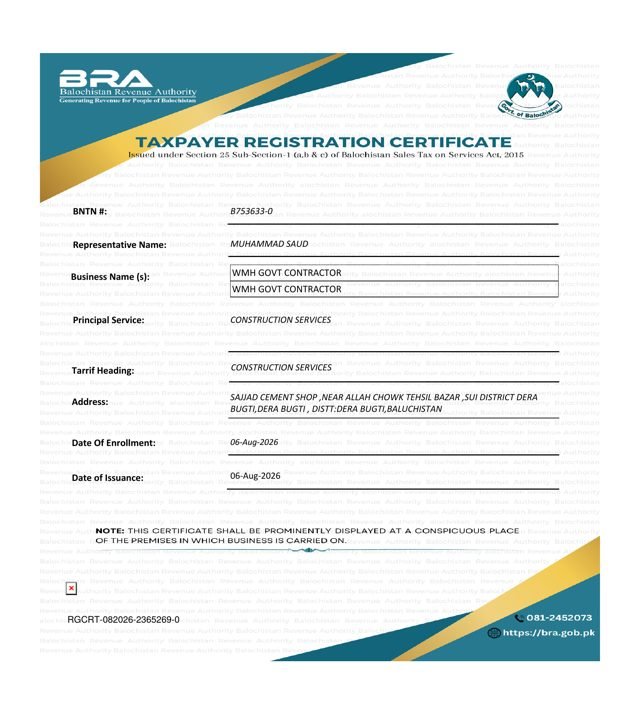 BRA Taxpayer Registration issued to WMH Govt Contractor by the Balochistan Revenue Authority