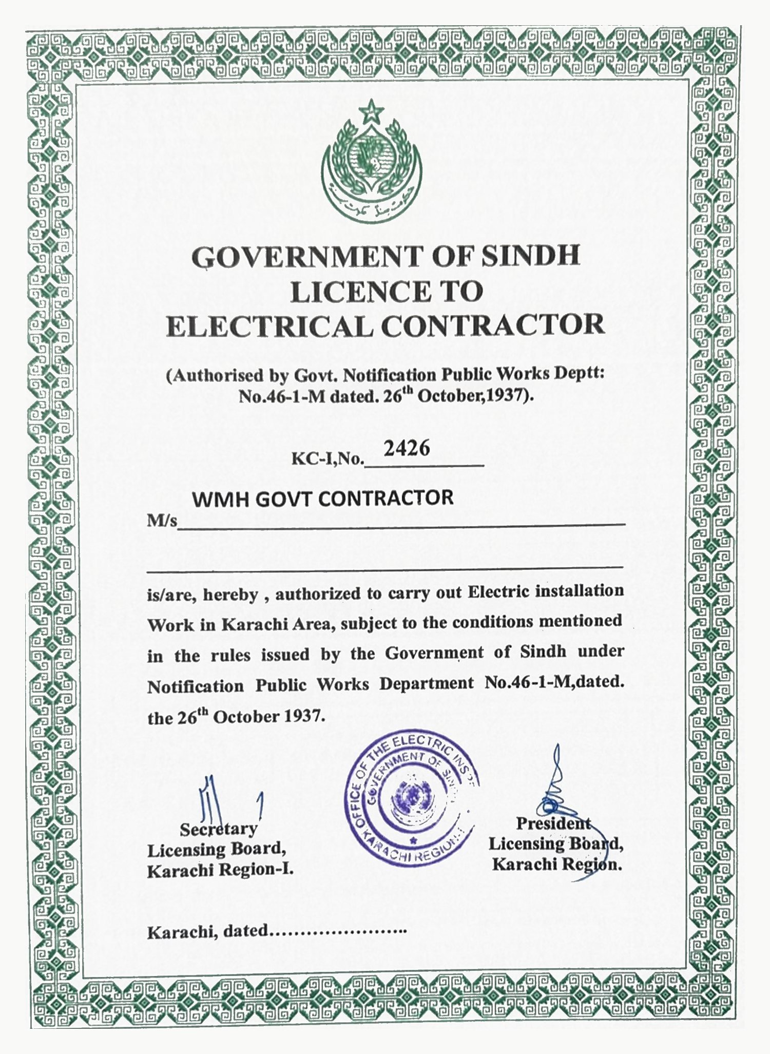 Electrical Contractor Licence issued to WMH Govt Contractor by the Government of Sindh