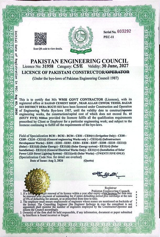 PEC Constructor Licence issued to WMH Govt Contractor by the Pakistan Engineering Council