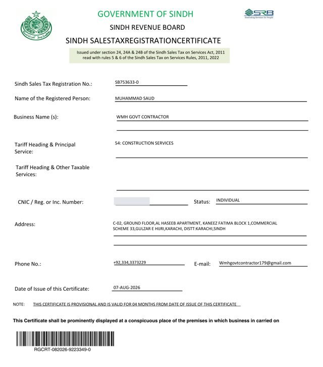 SRB Sales Tax Registration issued to WMH Govt Contractor by the Sindh Revenue Board