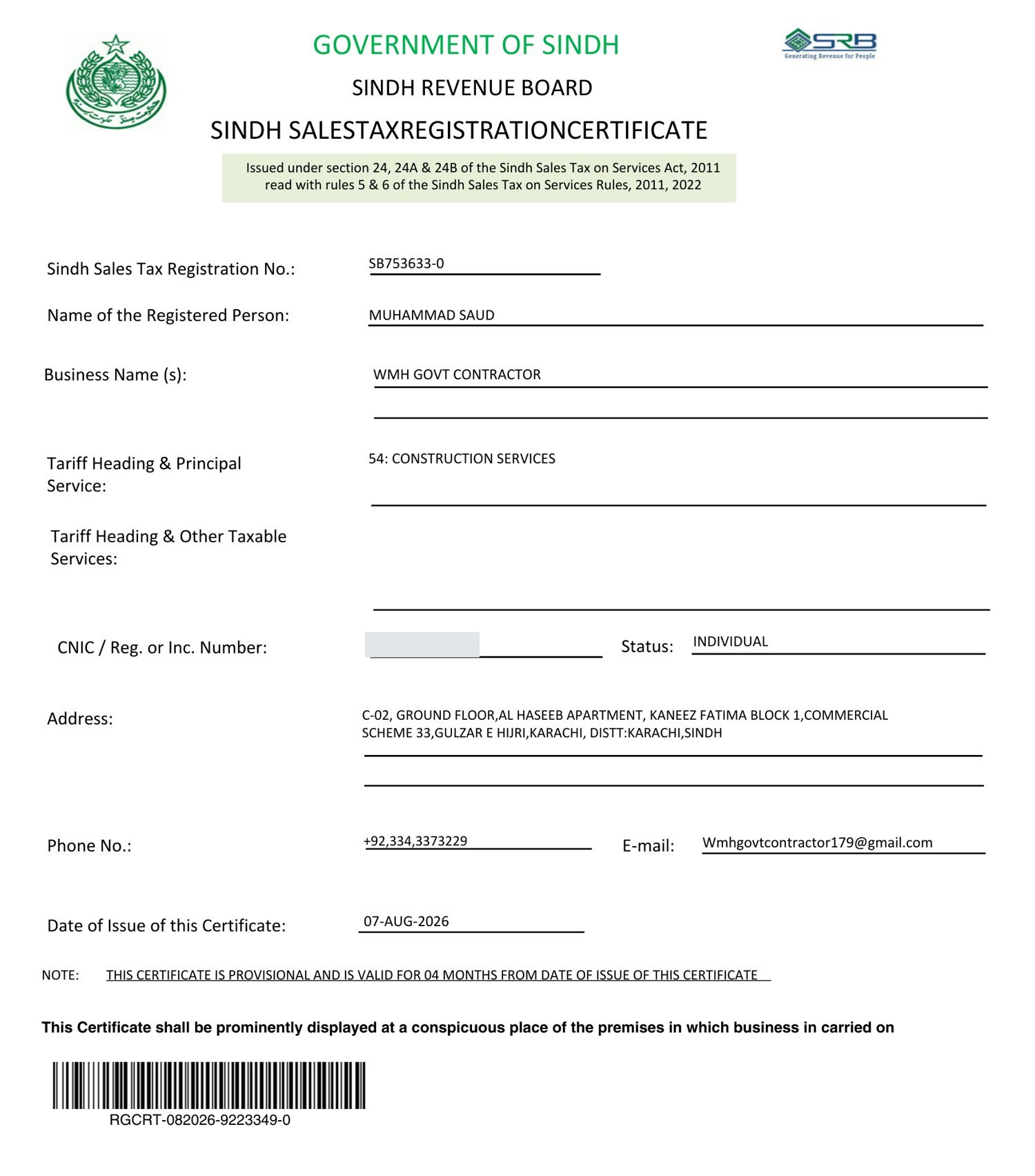 SRB Sales Tax Registration issued to WMH Govt Contractor by the Sindh Revenue Board